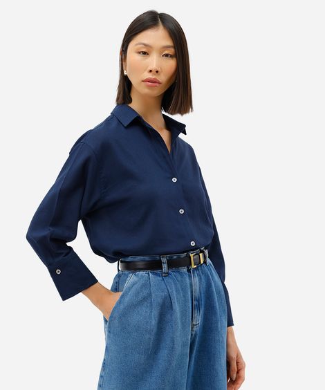 camisa feminina com linho manga longa azul