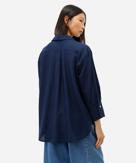 camisa feminina com linho manga longa azul