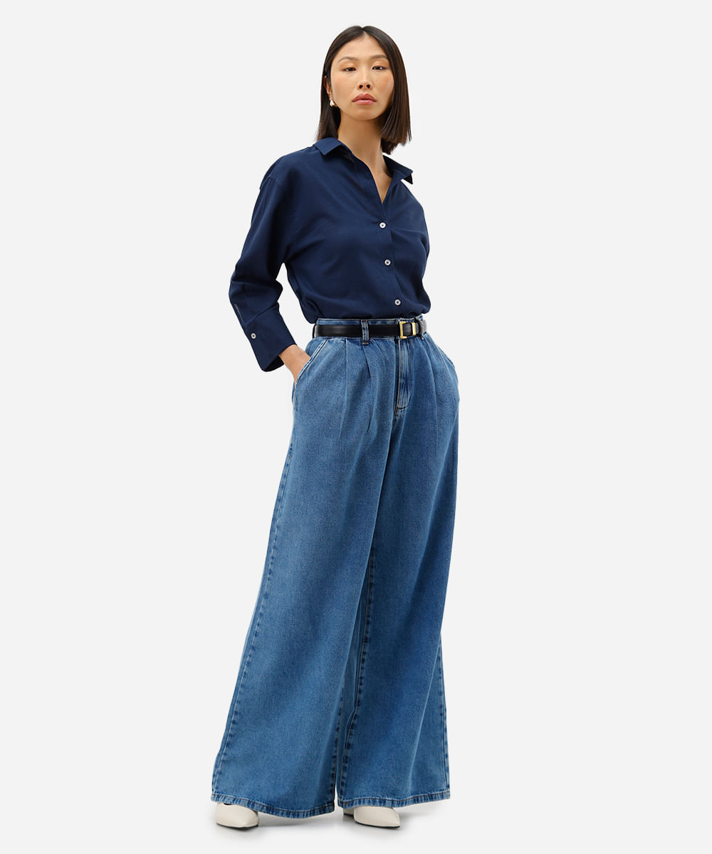 camisa feminina com linho manga longa azul