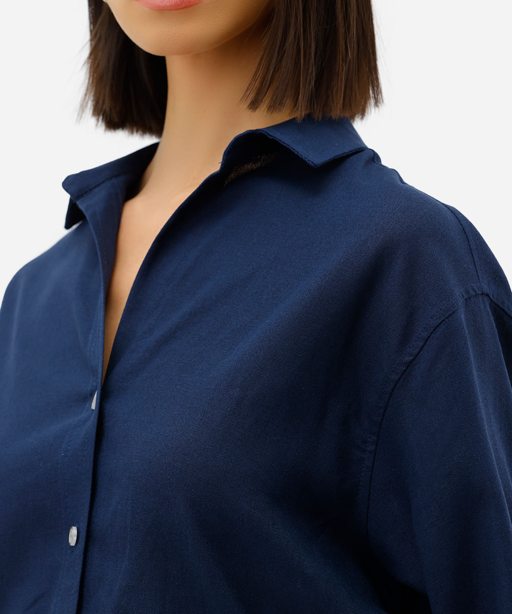 camisa feminina com linho manga longa azul