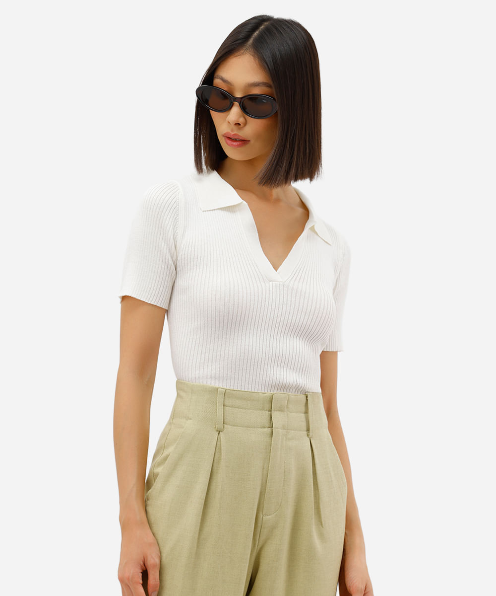 polo feminina tricot canelado off white