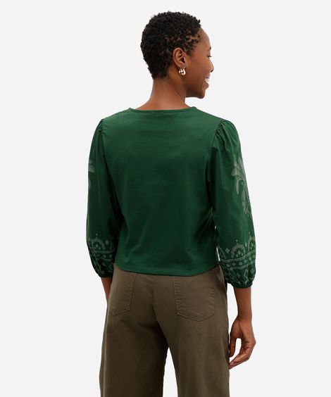 bata feminina de algodão manga bufante com arabesco verde