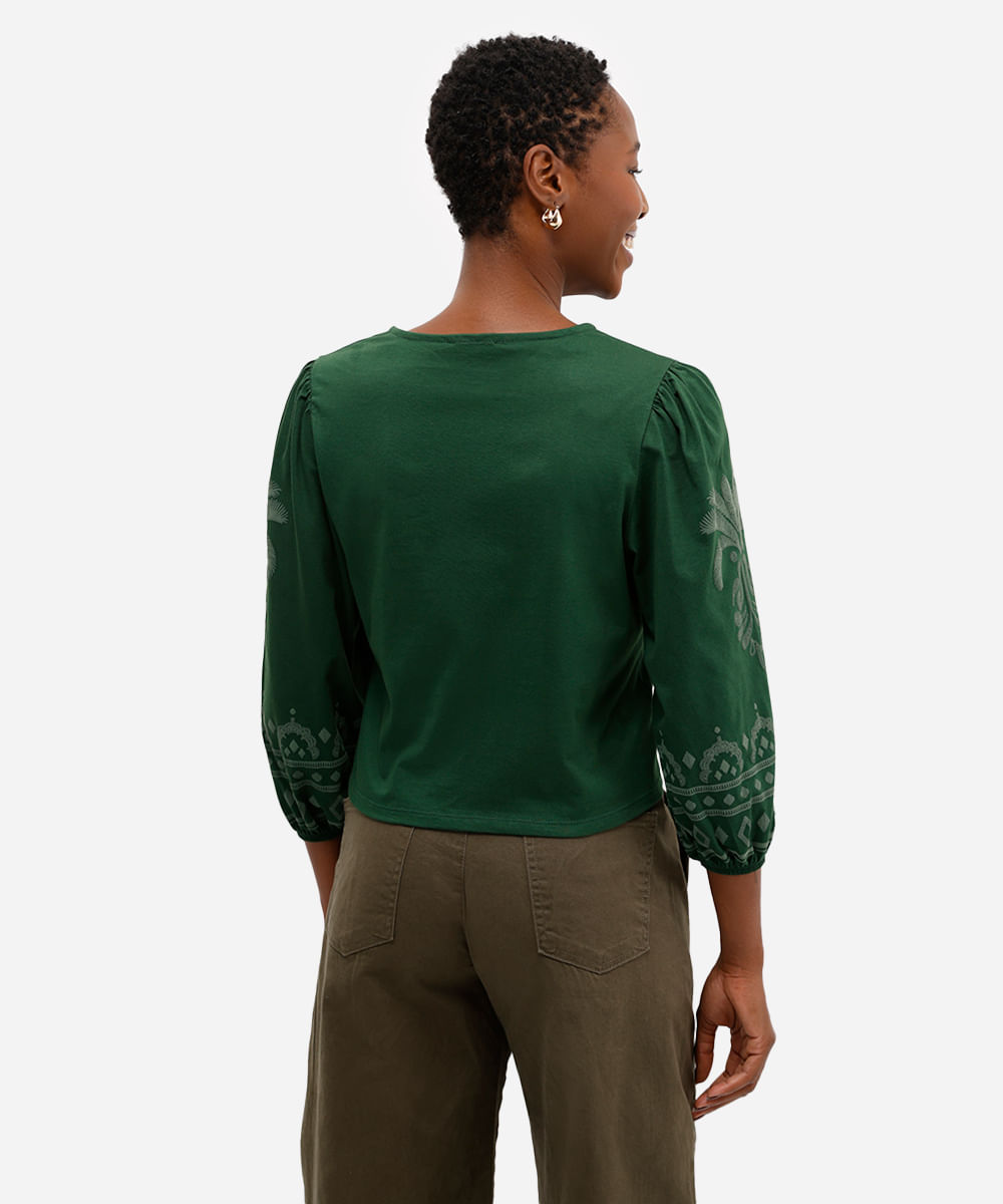 bata feminina de algodão manga bufante com arabesco verde