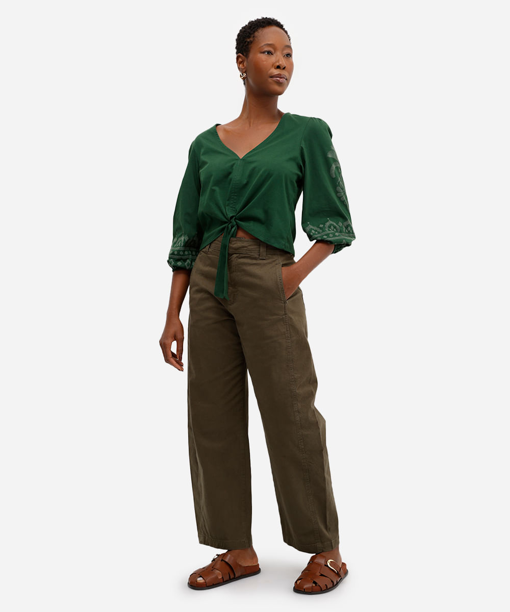 bata feminina de algodão manga bufante com arabesco verde