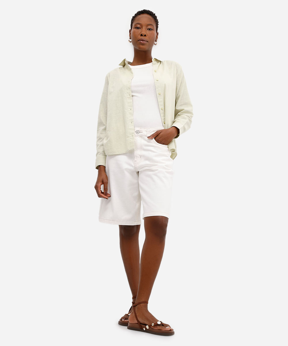 bermuda baggy feminina de sarja cintura média off white