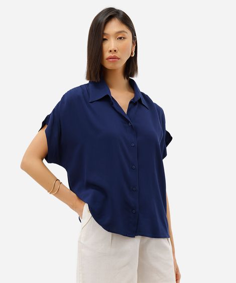 camisa feminina de viscose manga curta texturizada azul