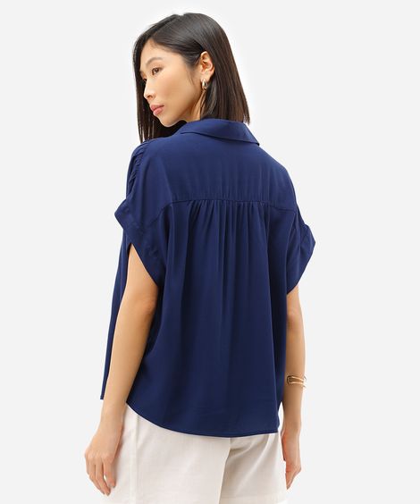 camisa feminina de viscose manga curta texturizada azul