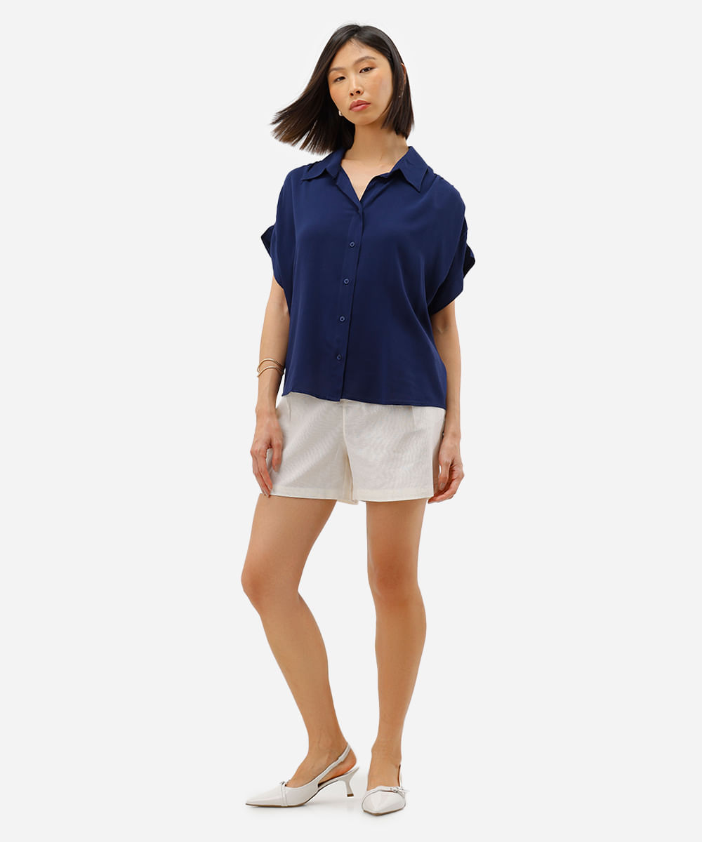 camisa feminina de viscose manga curta texturizada azul
