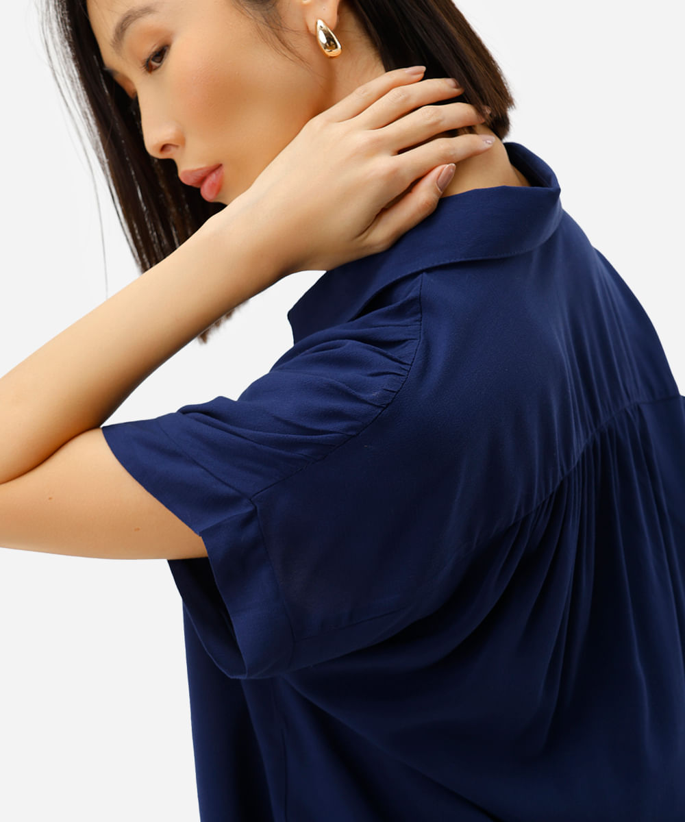 camisa feminina de viscose manga curta texturizada azul