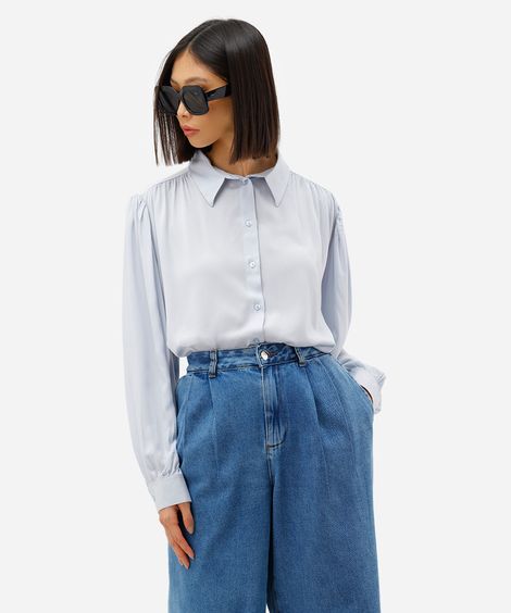 camisa feminina de viscose manga longa franzida azul