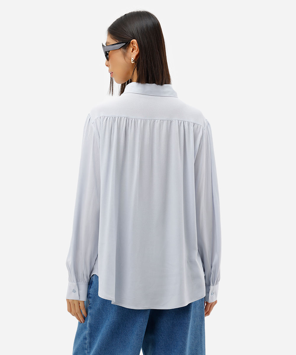 camisa feminina de viscose manga longa franzida azul