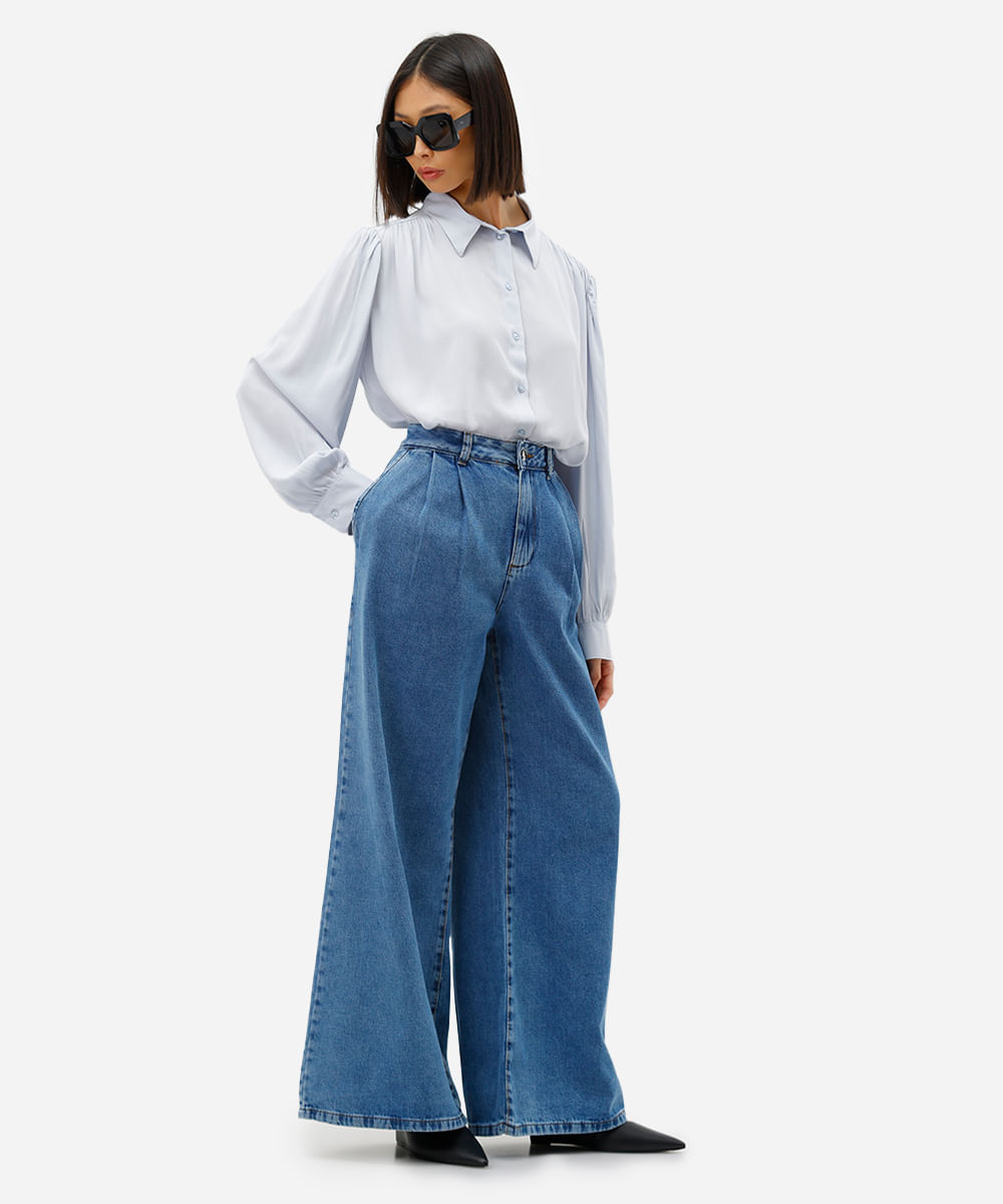 camisa feminina de viscose manga longa franzida azul