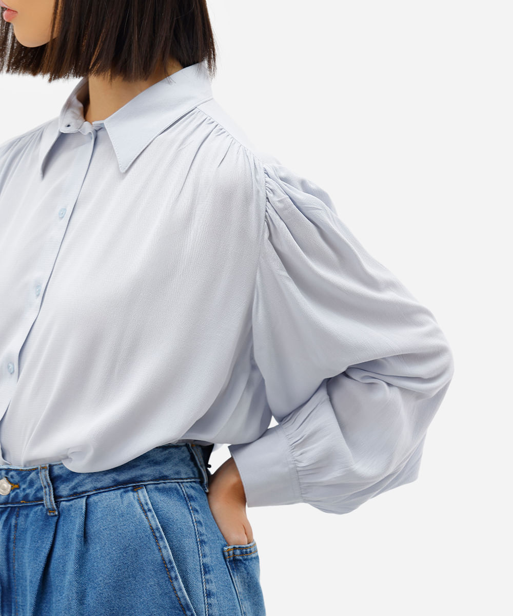 camisa feminina de viscose manga longa franzida azul