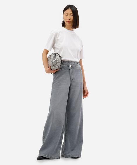 calça wide leg feminina jeans cós deslocado cinza