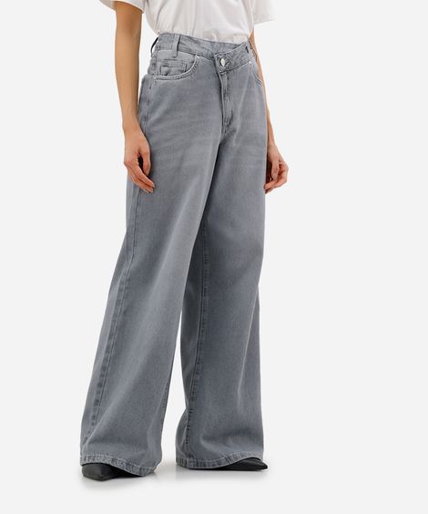 calça wide leg feminina jeans cós deslocado cinza