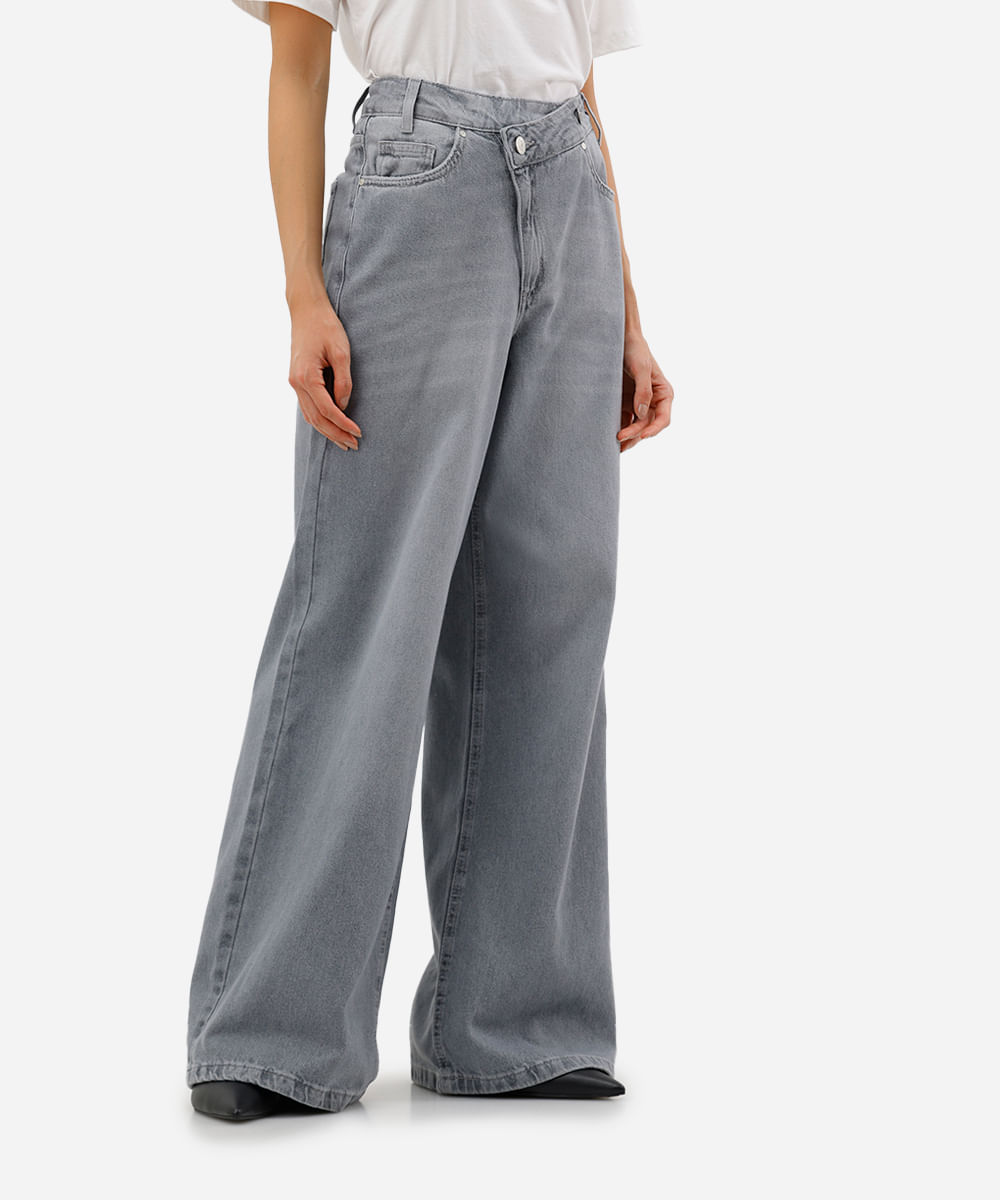 calça wide leg feminina jeans cós deslocado cinza