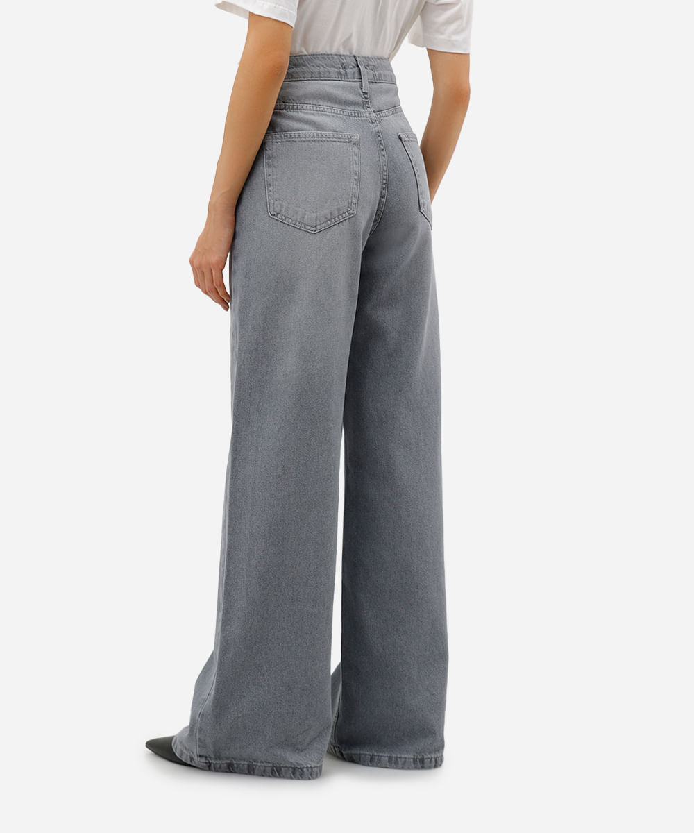 calça wide leg feminina jeans cós deslocado cinza