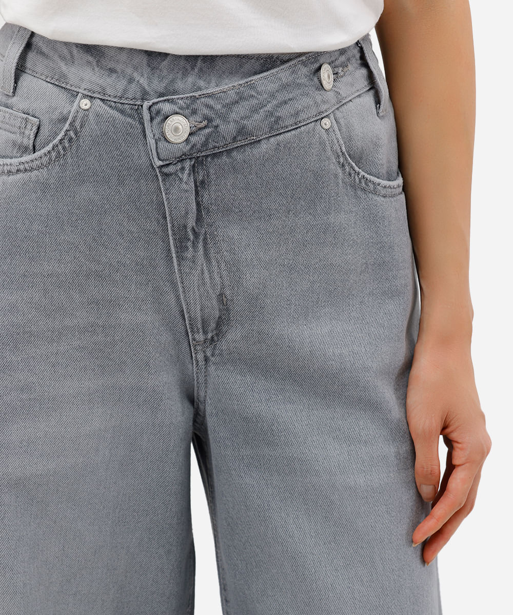 calça wide leg feminina jeans cós deslocado cinza