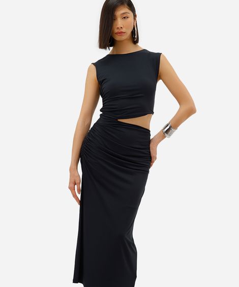 vestido midi feminino com recorte franzido preto