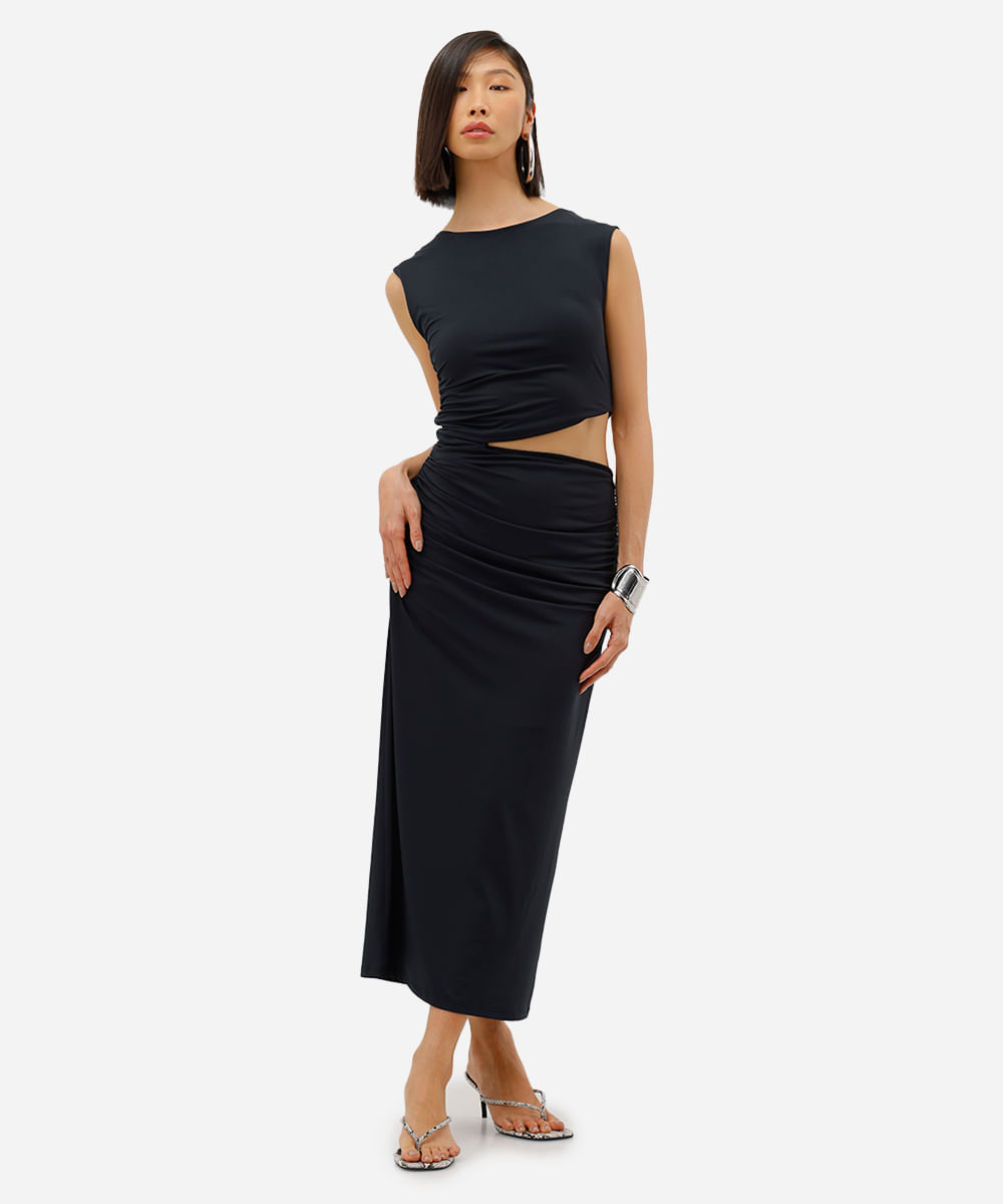 vestido midi feminino com recorte franzido preto