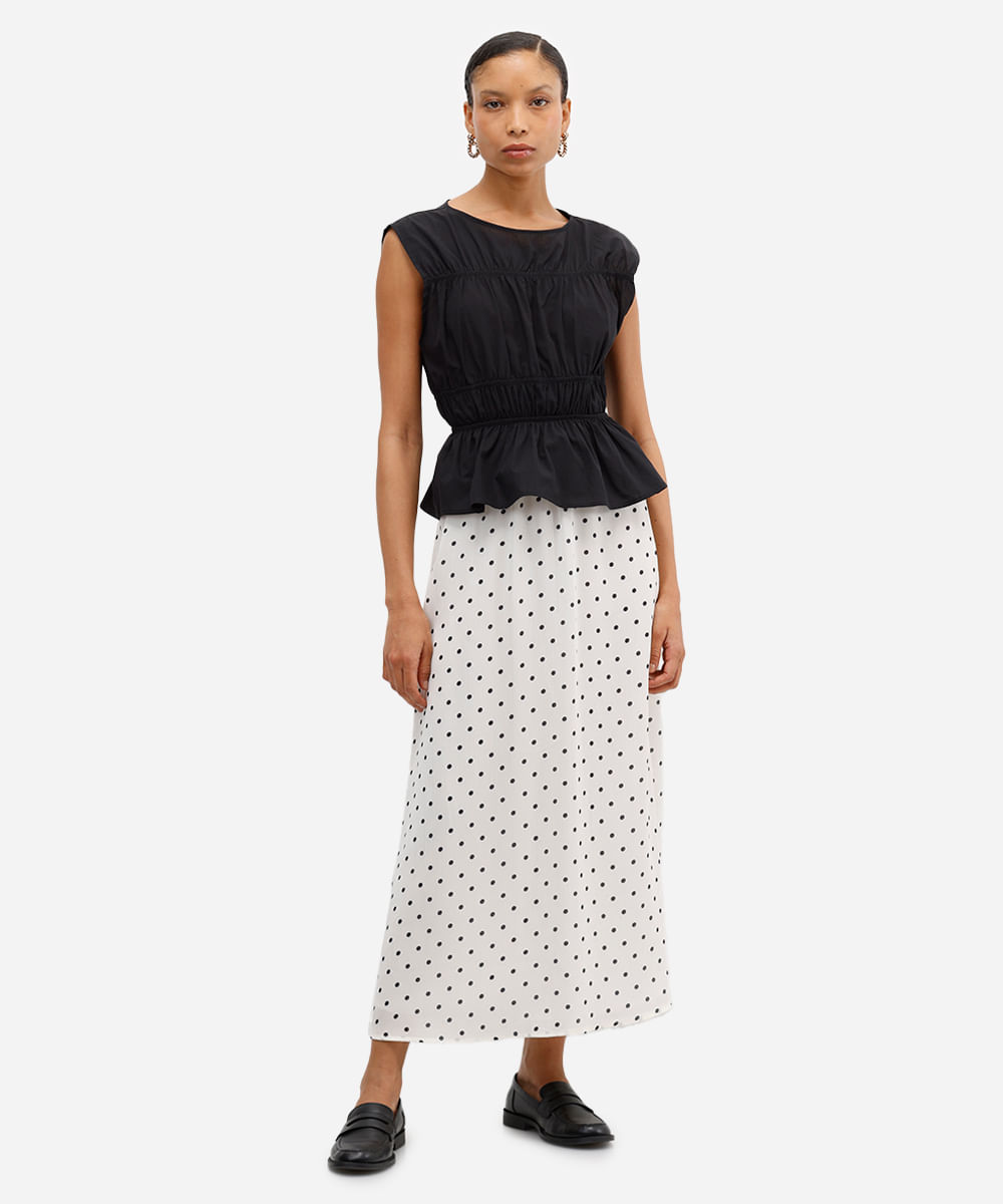 saia feminina midi poá off white
