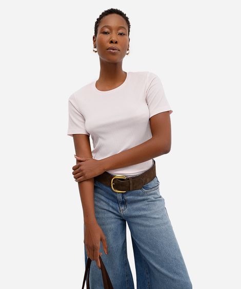 blusa básica feminina baby look texturizada rosa