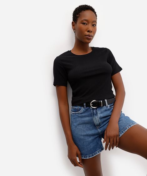 blusa básica feminina baby look texturizada preta