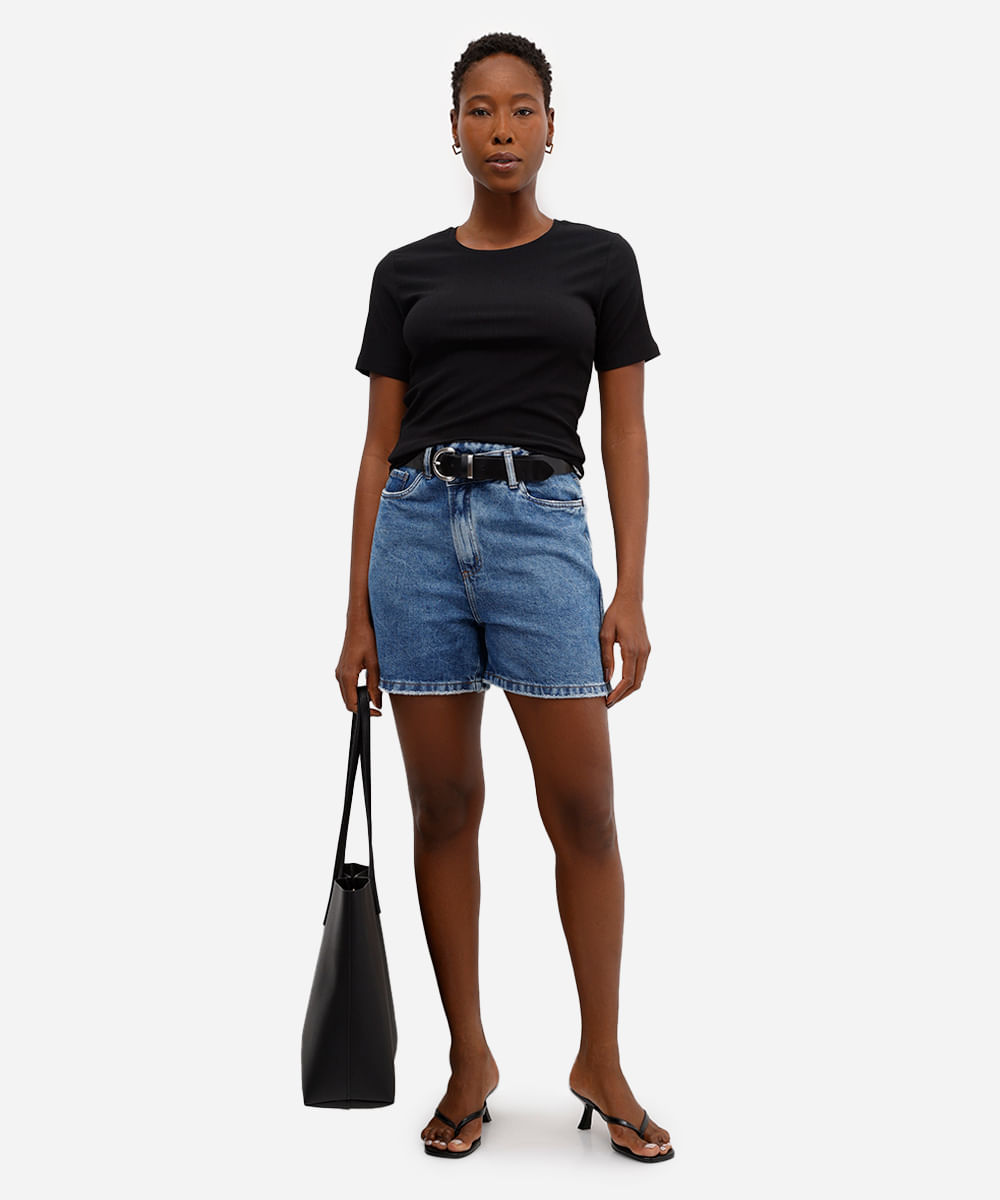 blusa básica feminina baby look texturizada preta