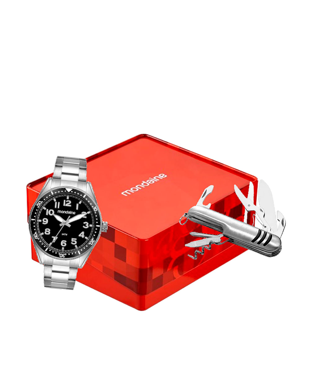kit relógio masculino mondaine analógico 32548g0mvne1kc prateado