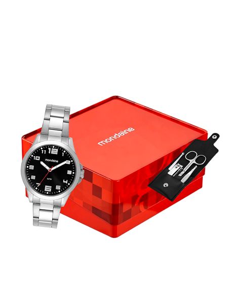 kit relógio masculino mondaine analógico 83516g0mvne3ka prateado