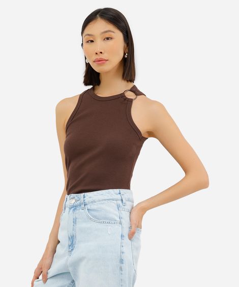 regata feminina de algodão com argola canelada marrom