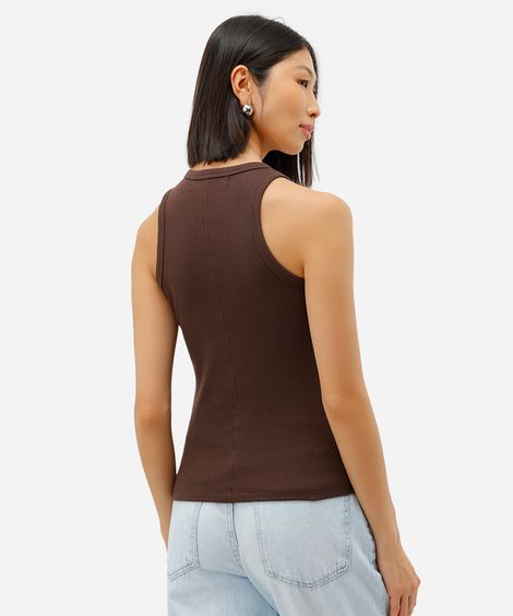 regata feminina de algodão com argola canelada marrom