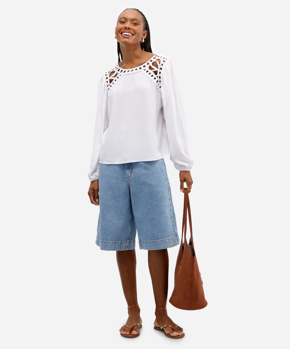 bata feminina manga longa macramê lisa off white