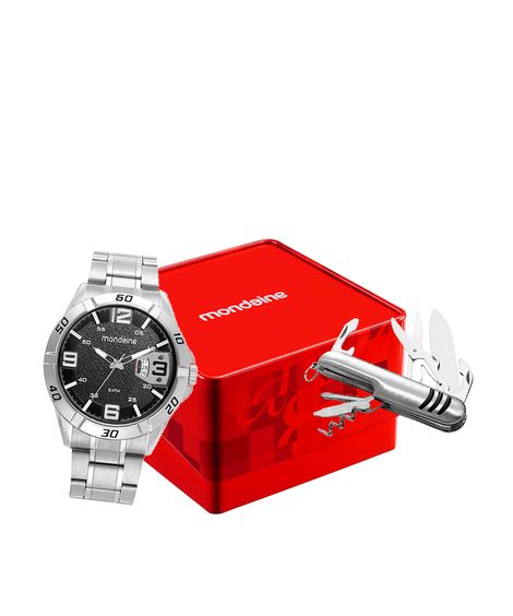 kit relógio masculino mondaine analógico calendário  32650g0mvne1ka prateado