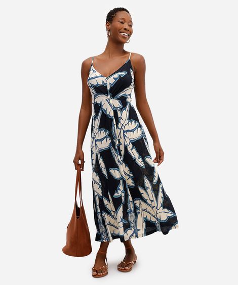 vestido feminino plissado estampa folhagem bananeira azul