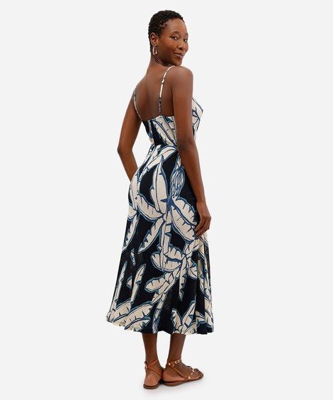 vestido feminino plissado estampa folhagem bananeira azul