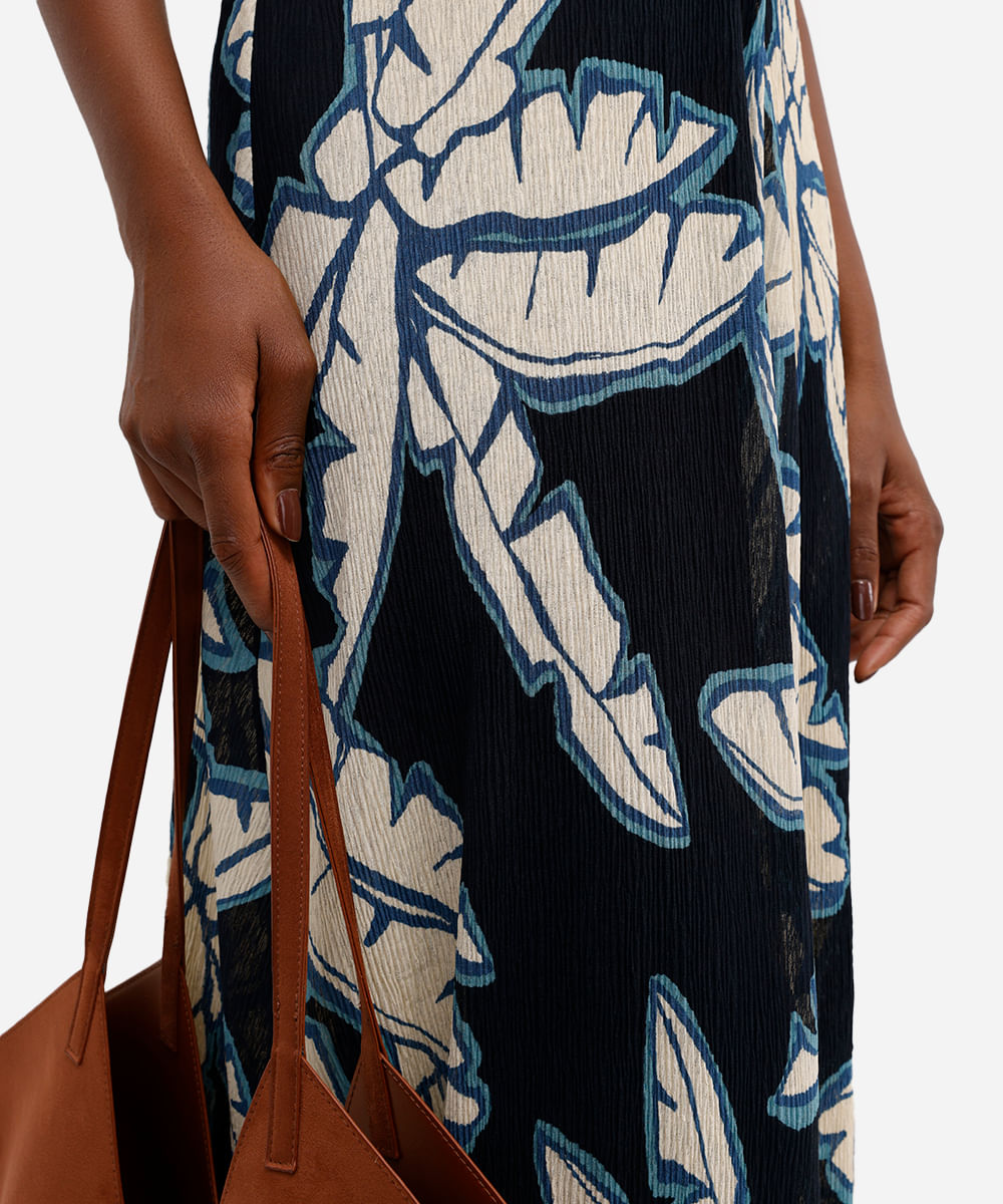 vestido feminino plissado estampa folhagem bananeira azul