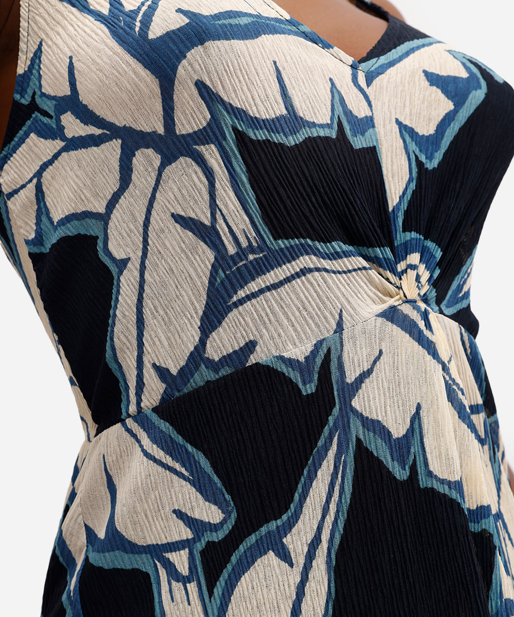 vestido feminino plissado estampa folhagem bananeira azul