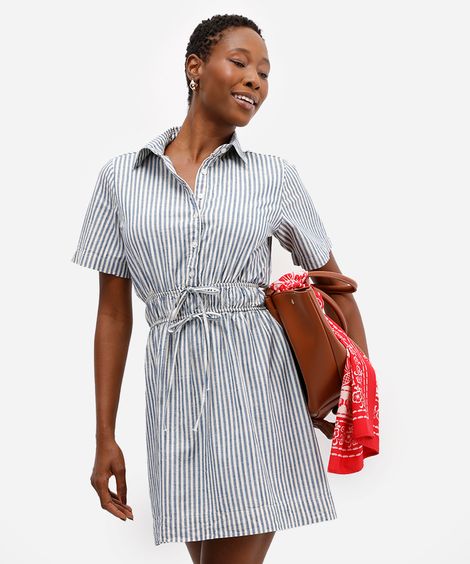 vestido curto chemise de algodão com amarração listrado off white