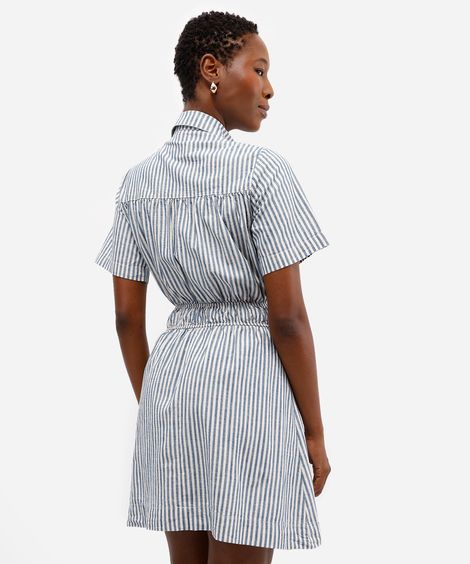 vestido curto chemise de algodão com amarração listrado off white