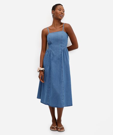 vestido midi feminino jeans alça fina com recortes azul