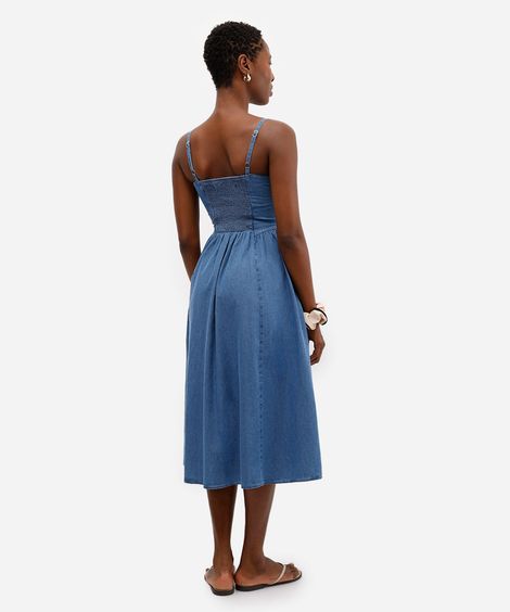 vestido midi feminino jeans alça fina com recortes azul