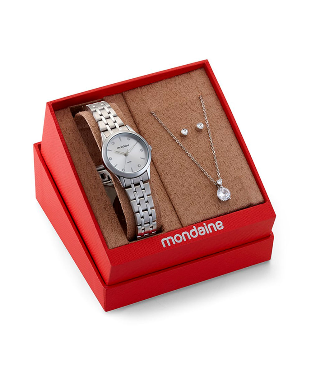 kit relógio feminino mondaine analógico  32610l0mkne2k1 prateado