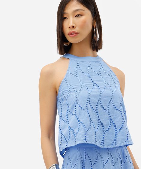 cropped feminino de laise halterneck folhagem azul