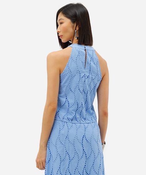 cropped feminino de laise halterneck folhagem azul