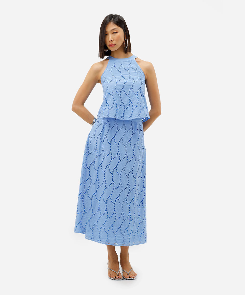 cropped feminino de laise halterneck folhagem azul