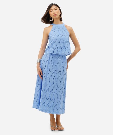saia midi feminina laise folhagem azul