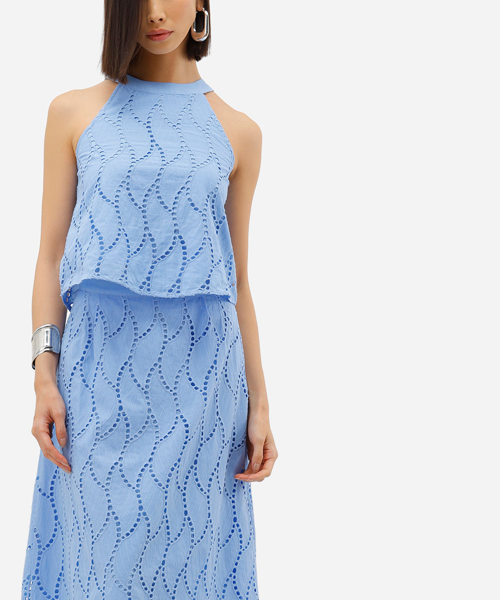 saia midi feminina laise folhagem azul