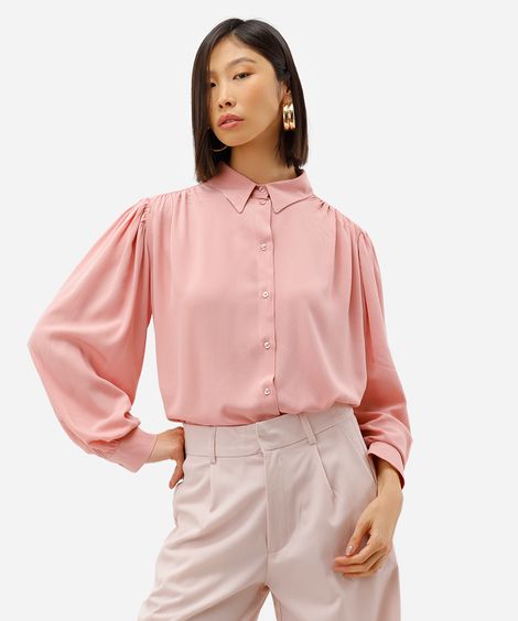 camisa feminina de viscose manga longa franzida rosa