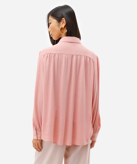 camisa feminina de viscose manga longa franzida rosa